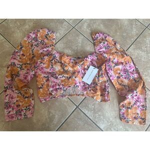 NWT Something Navy XL Linen Blend Crop Blouse Printed